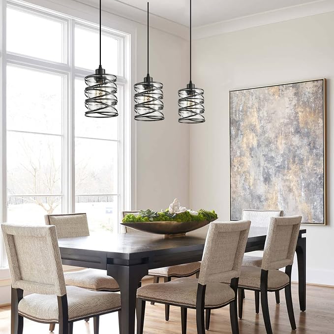 3 Pack Pendant Light Kitchen Island Pendant Lighting, Glass Hanging Light with Spiral Cage Clear Glass Shade, Black Modern Indoor Hanging Lamp