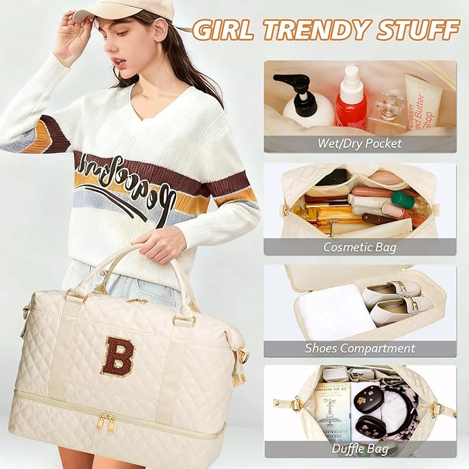 Gifts for Women Initial Travel Duffle Bag Quilted Weekender Bags Carry-On Overnight with Cosmetic Bag, Gym Bag with Shoe Compartment Hospital Bag for Women Labor Delivery, Beige-B