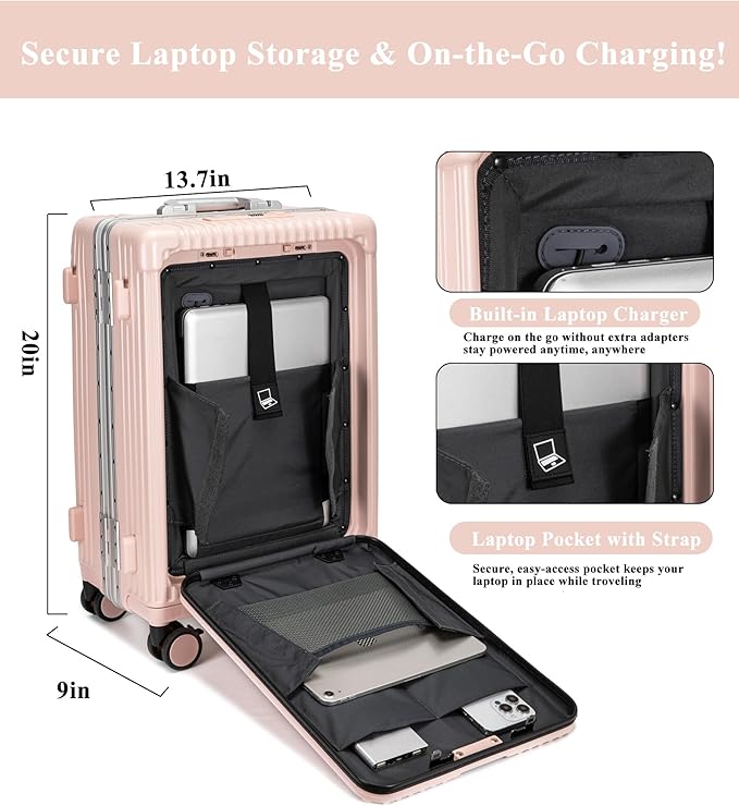 feilario 20in Aluminium Frame Zipperless PC Hard Shell Spinner Wheels Luggage, Built-In TSA lock Carry on Suitcase, with Cup Holder, USB Port, Phone Holder