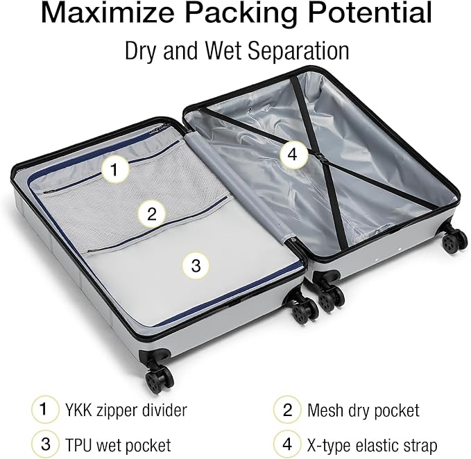 KYME Luggage Sets 3 Piece Hardshell 20"/24"/28" Suitcase with Wheels Hardside Suitcase Set with TSA Lock Large Travel Luggage Set for Women Men Silver Grey