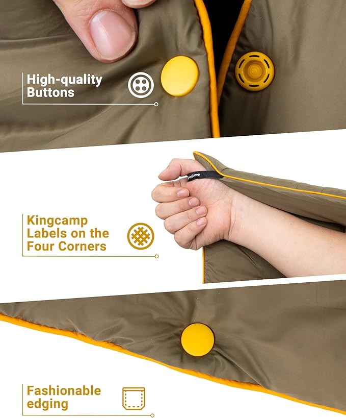 KingCamp Ultralight Camping Blanket, Packable Down Alternative Puffy Wearable Blankets Weatherproof Warm Package Quilt with Snap Buttons for Outdoor Hiking Travel Picnic Stadium (69" L x 53", Olive)