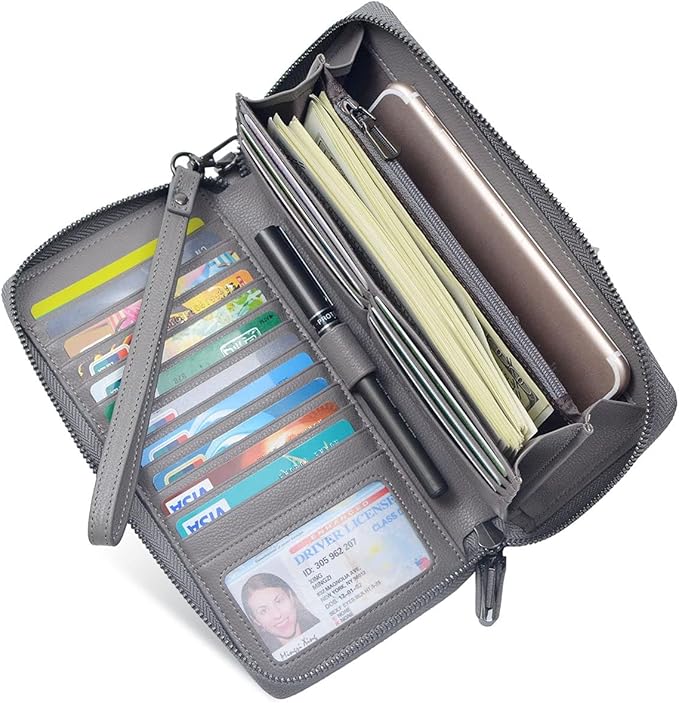 Bveyzi Women RFID Blocking Wallet Leather Zip Around Phone Clutch Large Capacity Ladies Travel Purse Wristlet | RFID Blocking, Zip Around, Large Capacity