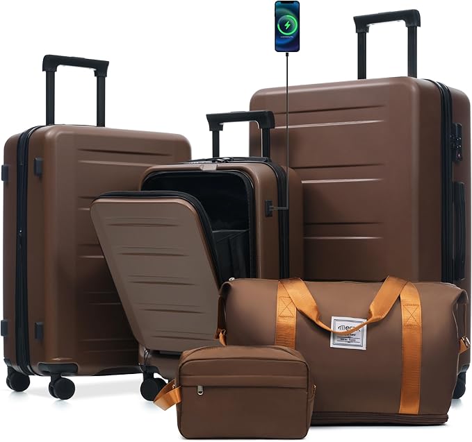 Merax Luggage Sets 5 Piece Front Open, Hardside 20" Carry On Suitcase Set with USB Port,Lightweight Expandable Travel 24" 28" Luggage with Bags TSA Locks Double Spinner Wheels,Brown