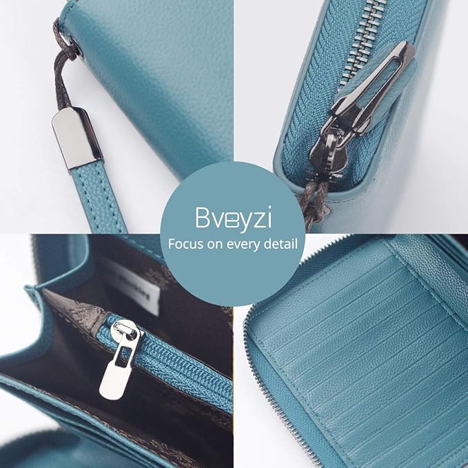 Bveyzi Women RFID Blocking Wallet Leather Zip Around Phone Clutch Large Capacity Ladies Travel Purse Wristlet | RFID Blocking, Zip Around, Large Capacity