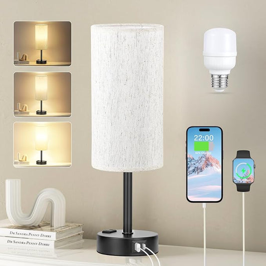 Light Beige Table Lamp for Nightstand - 3 Way Dimmable Bedside Lamp for Bedroom with USB C A Charging Ports and AC Outlet, Small Desk Lamp with Black Base for Living Room, Office, LED Bulb Included