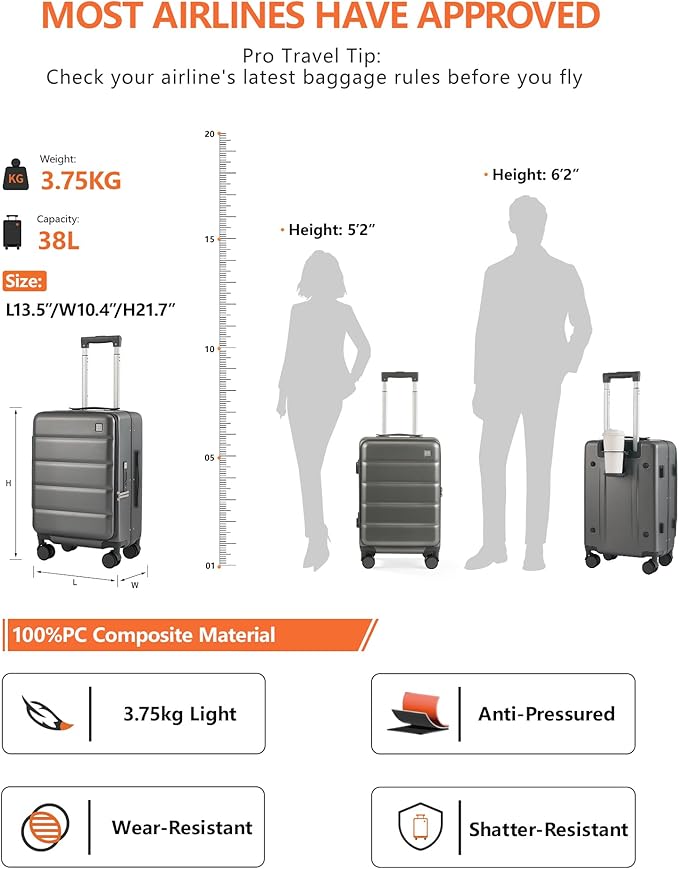 20IN Carry On Luggage,Top Opening Aluminum Frame Hardside 100% PC Airline Approved Suitcase -with TSA Lock,Cup Holder,USB Charge,Side Pothook, 360°Spinner Wheels-Grey