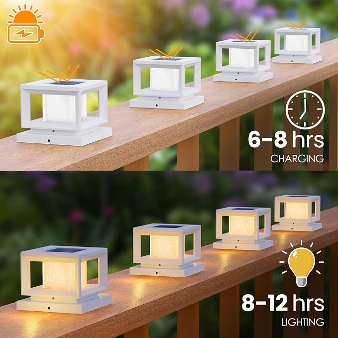 8 Pack Solar Post Lights, 4x4 6x6 Wooden Vinyl Fence Cap, White | Waterproof, Shinning Effect, Large Lighting Area Deck Light, Only Fit Three True Size Post: 3.5''x3.5'', 4''x4'', 5.5''x5.5''