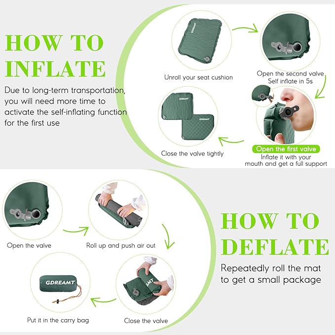 Inflatable Seat Cushion, Self-Inflating Memory Foam Stadium Seats Cushion Lightweight & Compact Chair Sitting Pad Airplane Cushion for Long Flight Travel Outdoor Camping Car Bleachers Office