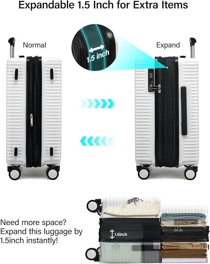 MILADA Expandable Carry On Luggage 20 Inch - Airline Approved Hardshell Suitcase with 8 Spinner Wheels, TSA Lock, Water-Resistant PC Shell, Lightweight & Durable for Travel, White