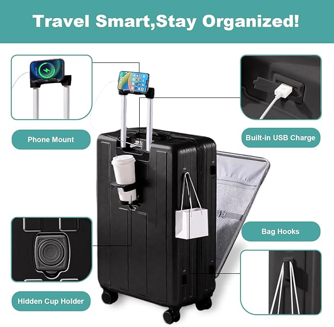 Gets Carry on Luggage Airline Approved,20 Inch Abs+Pc Hardshell Spinner Luggage With Cup Phone Holder and USB Charger,Front Pocket Durable Suitcase for Women Men-Black