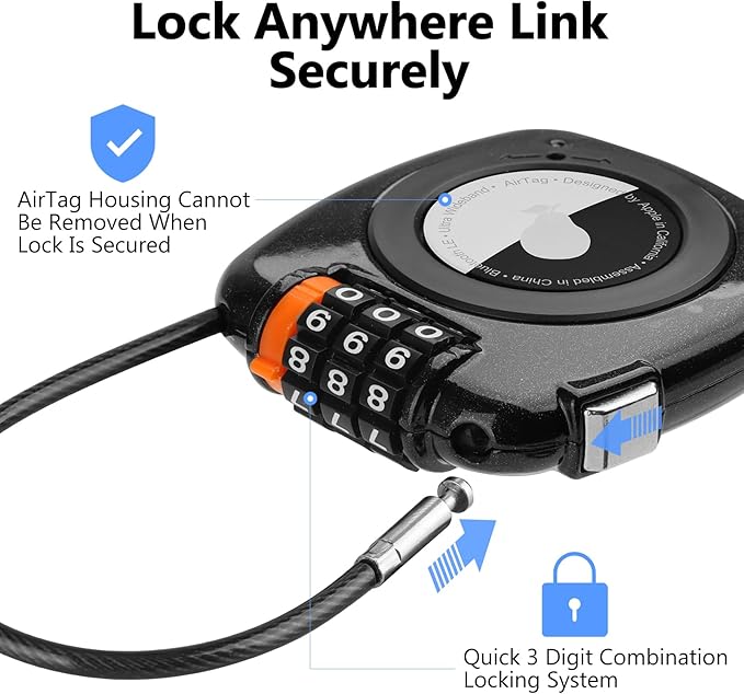 Compatible with Apple AirTag Secure Lock with Wire Cable, 3-Digit Combination Luggage Locks, Alloy Body Ultra Durable Anti-Lost Protective Case for Luggage, Suitcase (Black/White/Green/Grey)