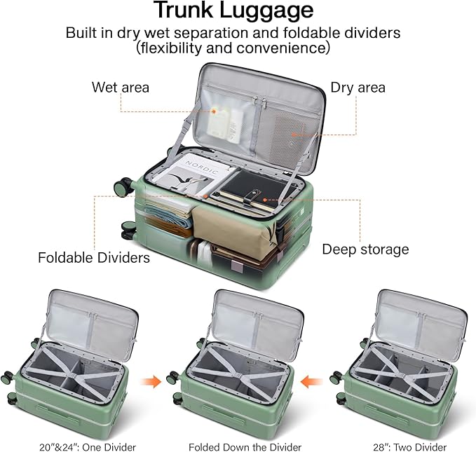 Hanke 24 Inch Luggage with Cup Holder and Charge,Top Opening Hard Shell Suitcases with Wheels and Dividers,Aluminum Frame Trunk Luggage Medium Checked Suitcase with Lock for Travel,Forest Green