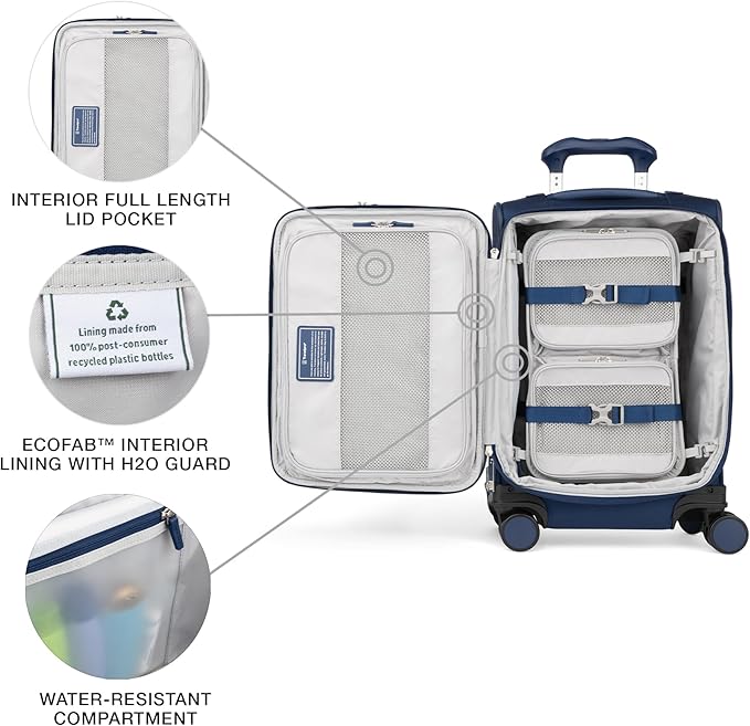 Travelpro VersaPack+ Lightweight Softside Expandable Carry on Luggage, 8 Spinner Suitcase, TSA Lock, Men and Women, Compact Carry On 20-Inch, Estate Blue
