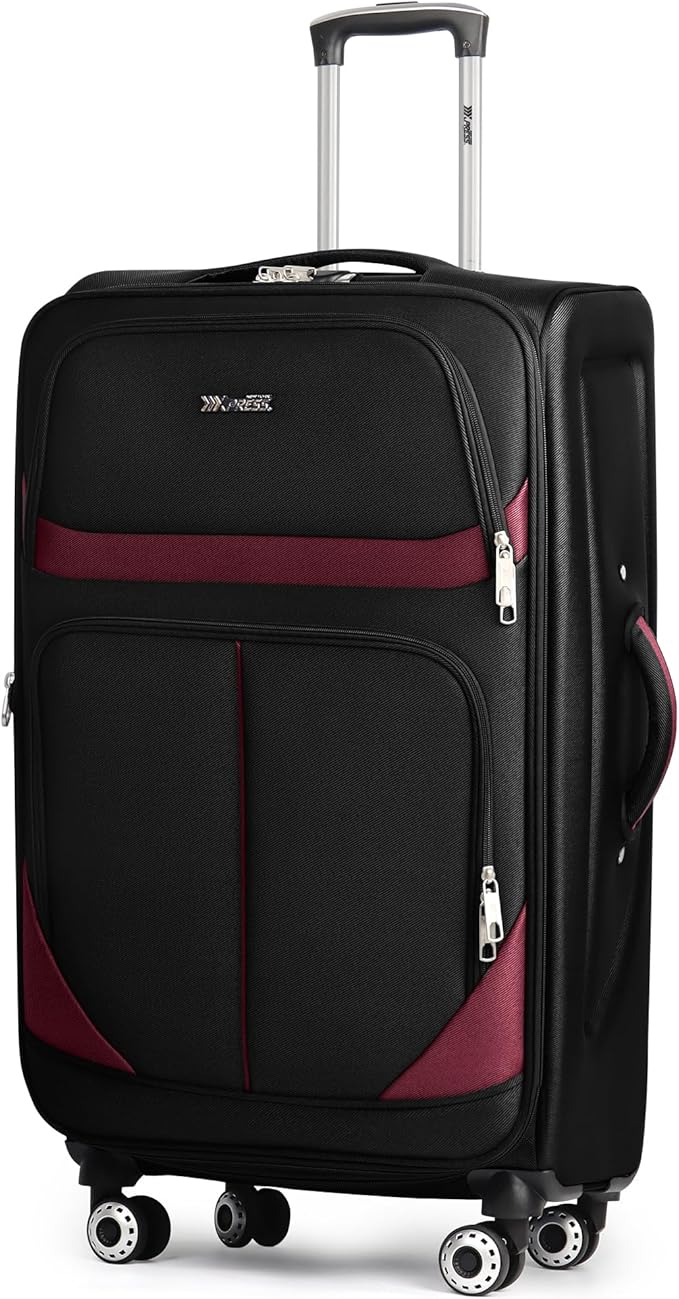 28" Large Softside Expandable 15% Checked Luggage with Double Spinner Wheels LOCK,Lightweight Travel Suitcase for Men/Women（Black-Burgund,28in）