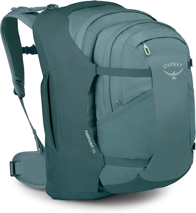 Osprey Farpoint 55L Men's Travel Backpack - Carry On Bag with Personal Item Sized Detachable Daypack, Cascade Blue/Torrent Blue