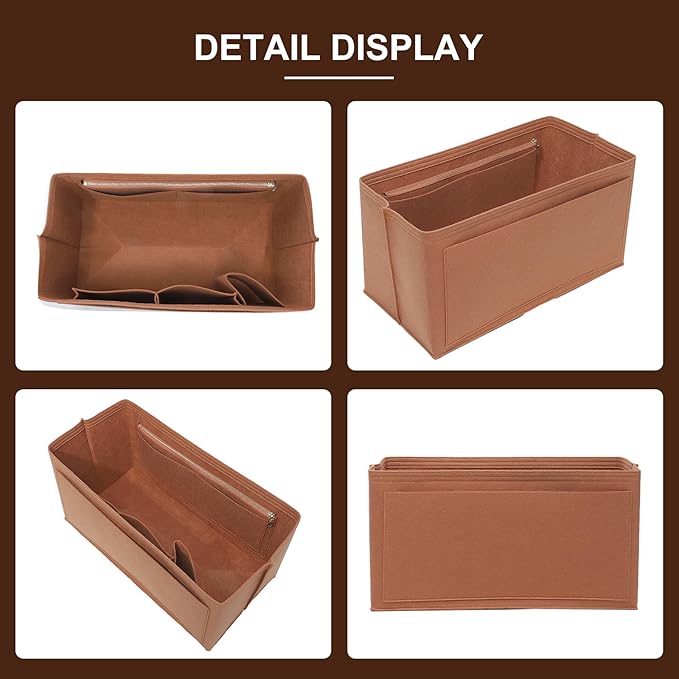 Doxo Felt Purse Organizer Insert for Longchamp Le Pliage L Travel Bag, Longchamp Orgainzer Insert Large with 9 Compartments and Zipper Water Bottle Holder, Fits Long Champ Large Bag (LT, Gold Brown)