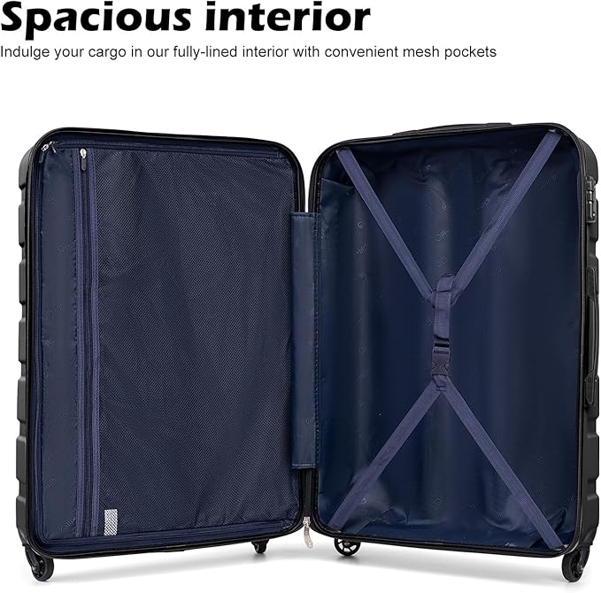 Coolife Luggage 3 Piece Set, Lightweight Durable Hardshell Suitcase set with 360° Spinner Wheels, TSA-approved Lock, Checked Family Travel Luggage sets, 20/24/28 Inch, Black