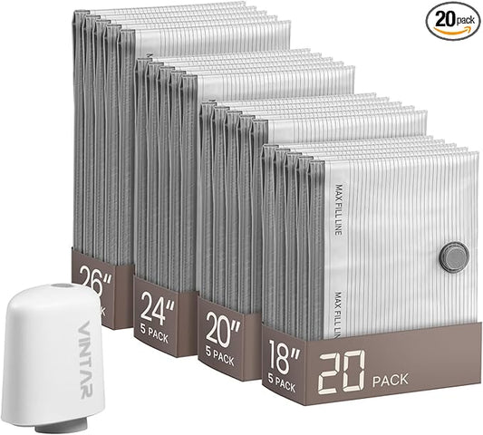 Vacuum Seal Bags for Clothing Travel with Rechargeable Cordless Pump, VINTAR 20 Pack Space Saver Vacuum Storage Bags, Travel Vacuum Compression Bags Set for Luggage Clothes Bedding Blanket