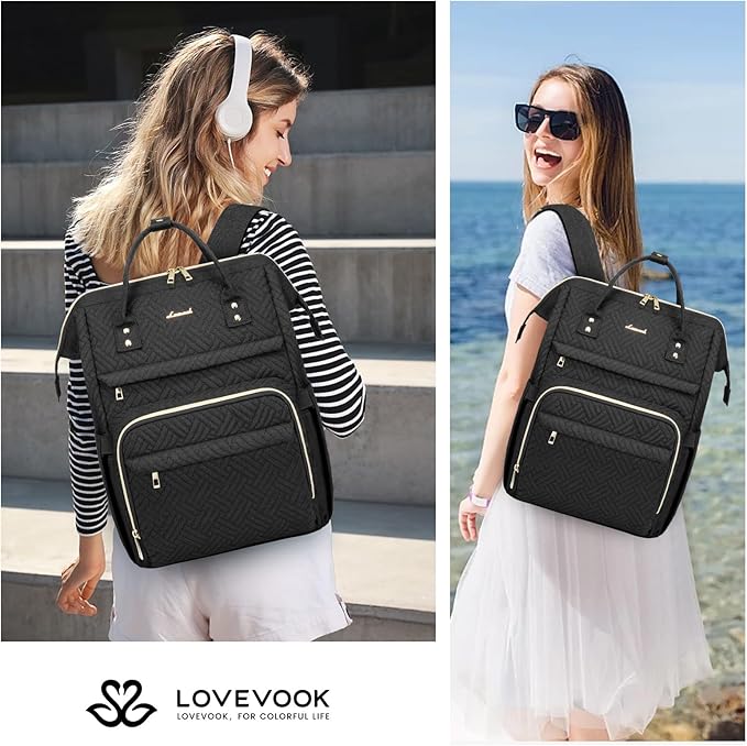 LOVEVOOK Laptop Backpack for Women,17 Inch Professional Womens Travel Backpack Purse Computer Laptop Bag Nurse Teacher Backpack,Waterproof College Work Bag Carry on Back Pack with USB Port,Black Plait