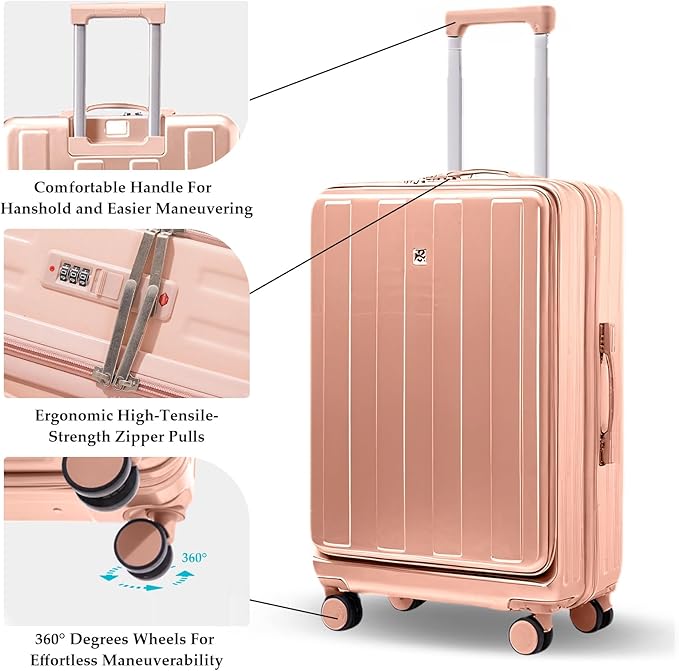 Gets Carry on Luggage Airline Approved,20 Inch Abs+Pc Hardshell Spinner Luggage With Cup Phone Holder and USB Charger,Front Pocket Durable Suitcase for Women Men-Pink