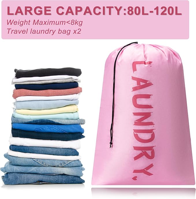 2 Pack 28" x 40"Travel Laundry Bag, Machine Washable Dirty Clothes Organizer with Drawstring,Large Enough to Hold 4 Loads of Laundry, Easy Fit a Laundry Hamper or Basket Travel Essentials