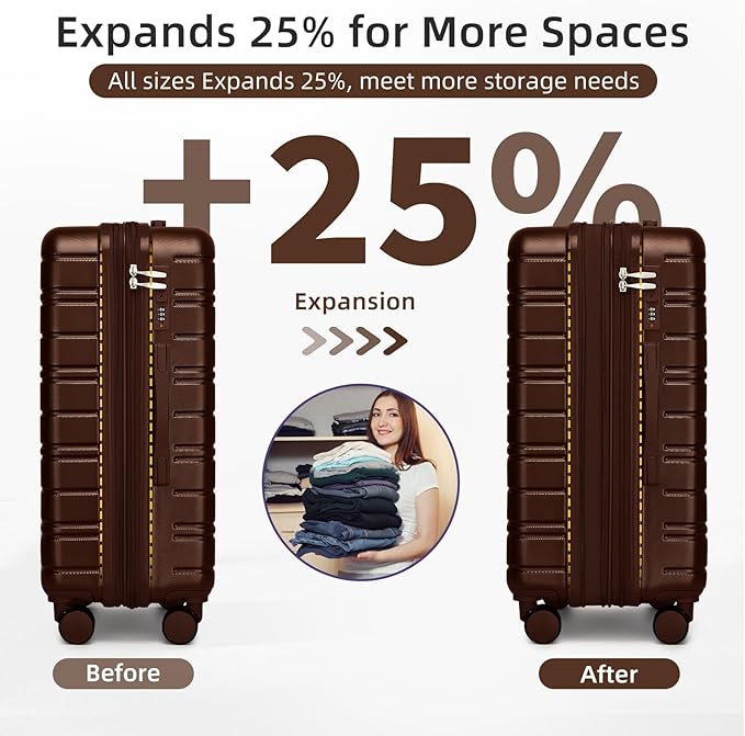 6 Piece Luggage Set Hard Shell - Mocha Expandable Suitcases with Spinner Wheels and Duffel Bags for Family Travel, Durable Carry On Luggage Sets with Lock for Women and Men