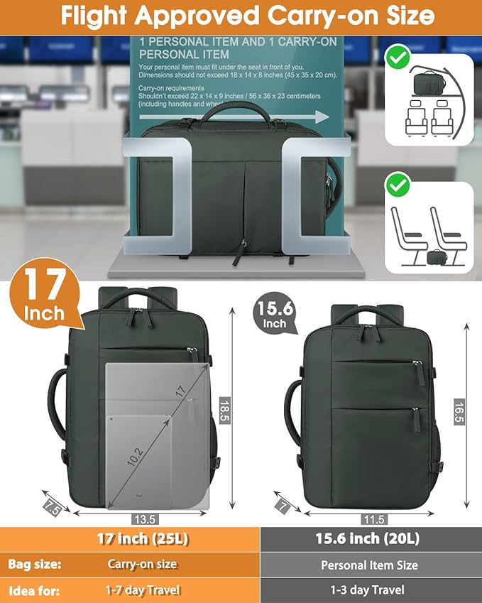 Capolo Travel Backpack for Women Men Waterproof Laptop Backpack Airlines Approved Carry On Backpack Bag Computer Bookbag for Business, Work, Traveling Fits 17 Inch Laptop(Green)