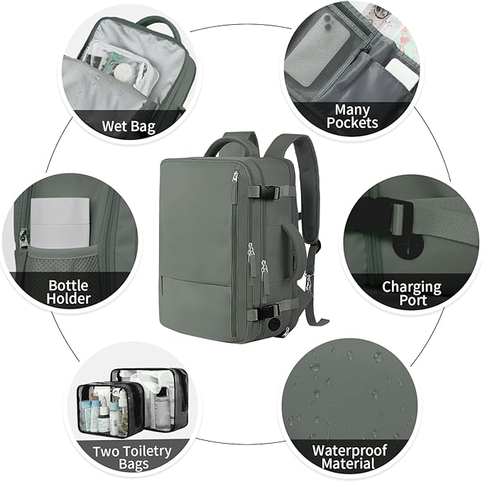 Hanples Travel Backpack as Personal Item Travel bag Flight Approved, 35L Carry on Backpack, 17 Inch Laptop Backpack, Waterproof Backpack, Casual Bag with 2 Toiletry Bags (Olive Green)