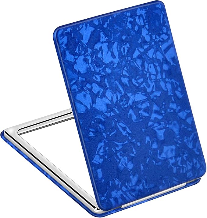 Compact Vanity Mirror for Men Women Girls, Slim Blue Rectangular Travel Makeup Mirror for Handbag Pocket Wallet, Portable Double-Sided Magnifying Cosmetic Mirror for Daily Work Business