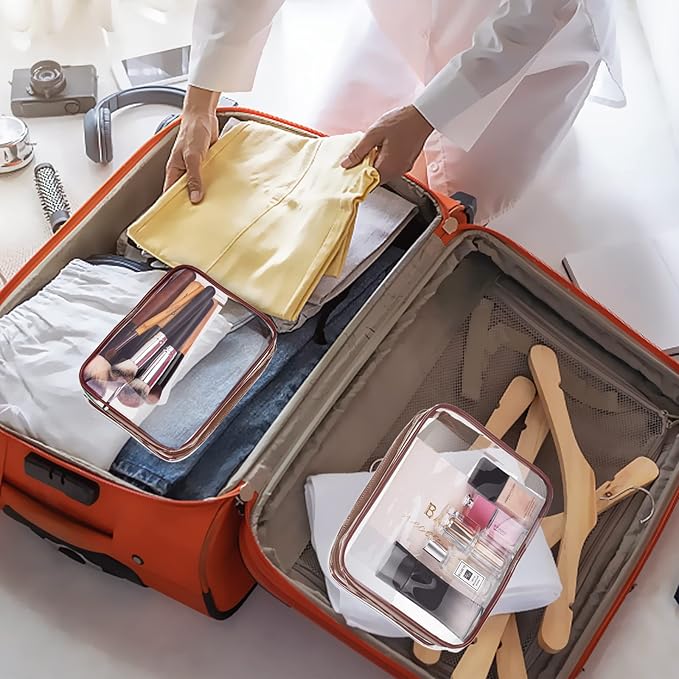 4Pcs Crystal Clear PVC Travel Toiletry Bag Kit for Women Men, Waterproof Vinyl Packing Organizer Storage Bags with Zipper Handle Straps, Cosmetic Pouch Carry on Airport Airline Compliant Bag Handbag