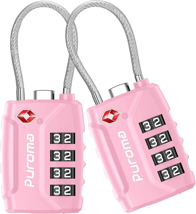 Puroma 2 Pack TSA Approved Luggage Locks, 4 Digit Combination Travel Cable Locks Resettable Code Lock with Zinc Alloy Body for Suitcase, Toolbox, Backpack, Bag, Gym Locker (Basic Pink)