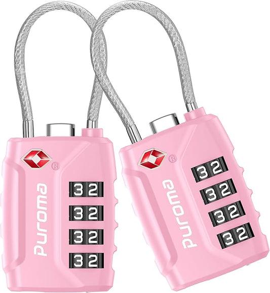 Puroma 2 Pack TSA Approved Luggage Locks, 4 Digit Combination Travel Cable Locks Resettable Code Lock with Zinc Alloy Body for Suitcase, Toolbox, Backpack, Bag, Gym Locker (Basic Pink)