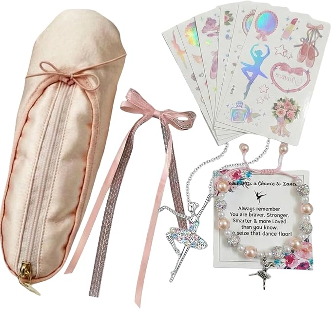 Ballet Slipper Pouch Makeup Bag Dance Recital Gifts for Girls Dancer Ballerina Accessories Gifts Set Necklace Bracelet Sticker