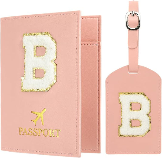 PATIKIL Passport Holder for Travel, Initial Passport Cover and Luggage Tag Set with Alphabet Chenille Letter Patch Travel Wallet Bag Suitcase Identifier for Women Family Travel Pink B