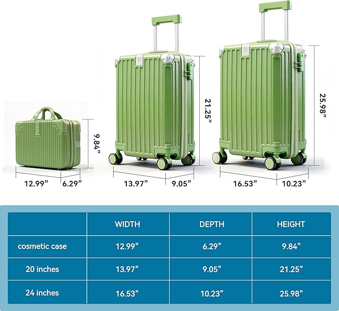 Carry On Luggage with Spinner Wheels,PC Hard Shell Suitcase with USB Port,Lightweight Travel Luggage Airline Approved for Men Women,Green,3-Piece Set (14/20/24)