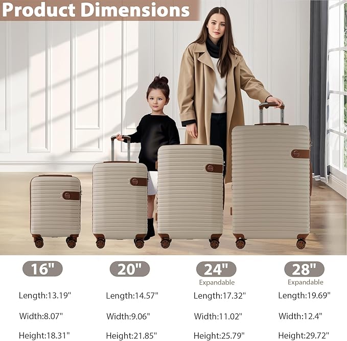 Merax Hardshell Luggage Sets 4 piece Lightweight Durable Suitcases With Wheels TSA Lock Expandable (only 24”/28”) ABS Large Travel Luggage Set (Khaki)