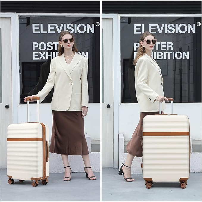 Kono Expandable 28 Inch Large Checked Luggage: ABS+PC Hardside Trolley Travel Case - Hard Shell Suitcase with TSA Lock, Cream Brown
