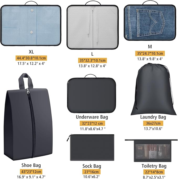 8 Set Packing Cubes for Travel Essentials, Organizers for Suitcase and Luggage in 4 Sizes, Luggage Organizer with Toiletries/Laundry/Shoes/Sock Bags (Grey)