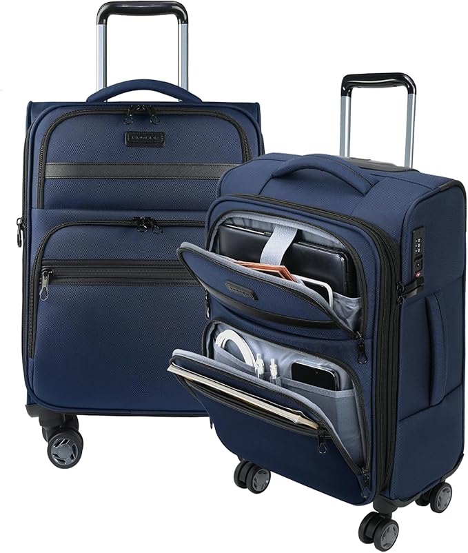 KROSER Softside Expandable Carry On Luggage with Front Business Pockets，20 Inch Suitcases with Spinner Wheels & Built-in TSA Lock, Durable Suitcase Rolling Luggage with USB Port, Navy