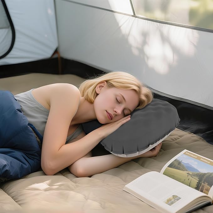 Camping Pillow with Ice Silk Memory Foam Cover - Ultralight Inflatable Pillow for Camping Lightweight, Ergonomic and Washable for Camping, Hiking, and Travel Gray