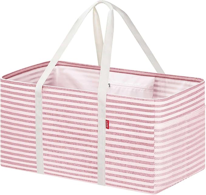 LHZK Standing Extra Large Utility Tote Bag with Metal Wire Frame and the Sides Rinforced, Extra Large Tote Bag with Handle, Reusable Grocery Bags Foldable, Beach Bag, Car Tote (Pink, 26''x15''x13'')