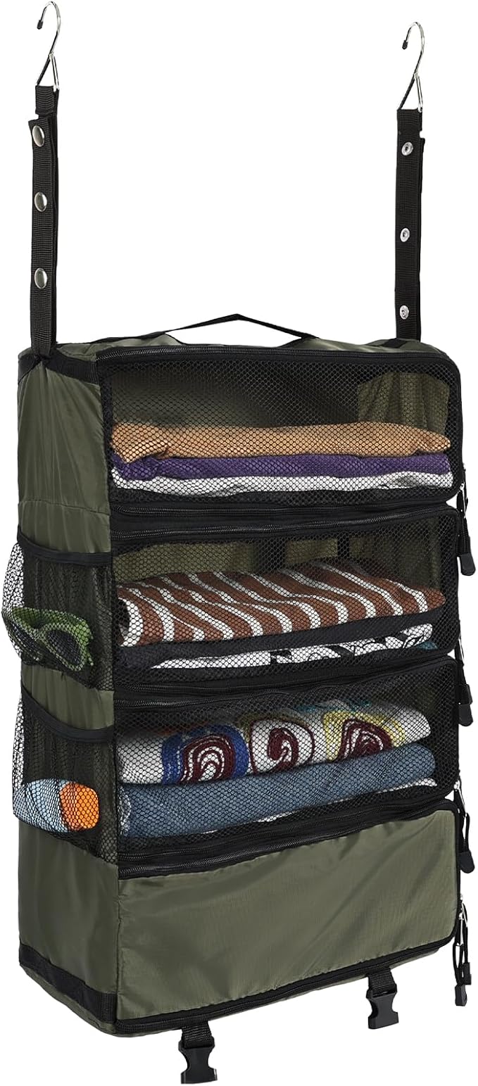 Surblue Travel Hanging Luggage Organizer Portable Suitcase Closet Organizer Multiple Compartments Collapsible Compression Packing Cubes Shelf, Green, M