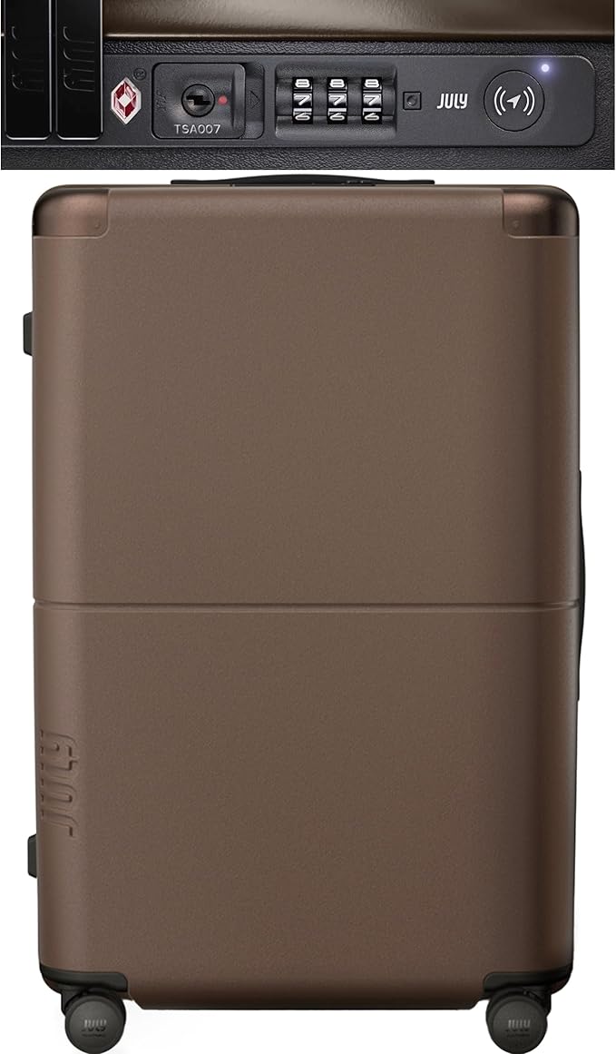Checked Plus with CaseSafe - 28.75" Trackable TSA Lock Airline Approved Check In Luggage with Wheels, Rolling Suitcase for Men & Women - Silent Spinner Wheels, Y-Strap - Dark Brown