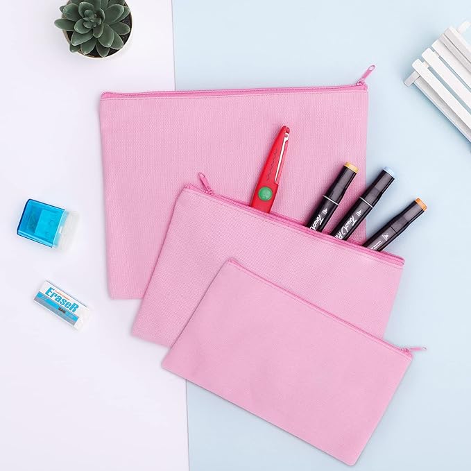 12 Pieces Cotton Canvas Makeup Bag, Multipurpose Cosmetic Bag with Zipper Travel Toiletry Pouch, Blank DIY Craft Bag (Pink, XL)