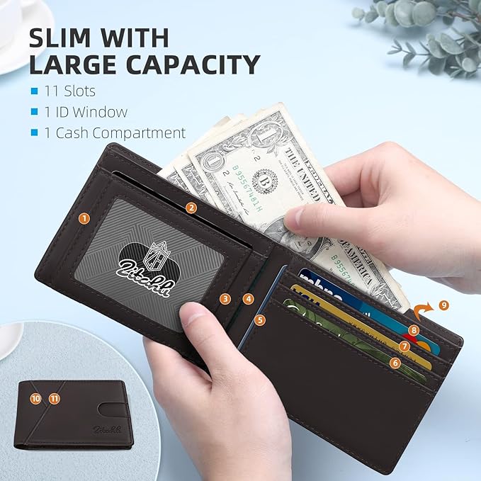 Zitahli Bifold Wallets for Men - Slim RFID Leather Credit Card Holder for 6-11 Cards, Minimalist Thin Wallet with ID Window & Cash Slot,Front Pockt Carteras Para Hombres, Birthday Gifts for Men | Slim, RFID Blocking, Premium, Front Pocket, Gift Box, Le...