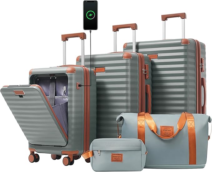 Merax Luggage Sets Front Opening, 3 Piece Hardshell Suitcase with Spinner Wheels and Bags,Lightweight Carry on Luggage with USB Port and Cup Holder,20+24+28,Grey Green