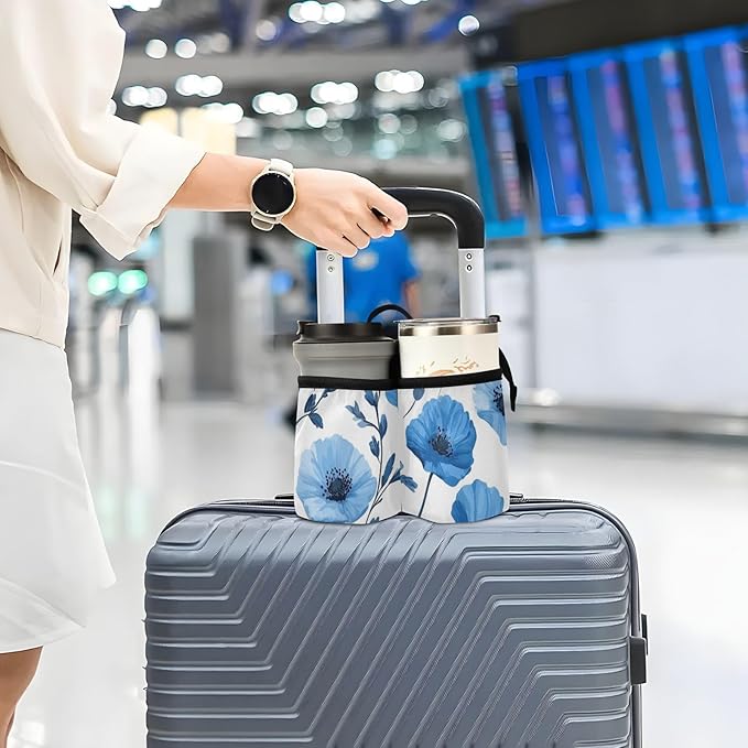 Blue Poppy Flowers and Branches Luggage Cup Holder Travel Portable Free Hand Drink Carrier Suitcase Drinks Beverage Holder Carry-On Bottle Mug Holder Organizer Bag Travelers Accessories