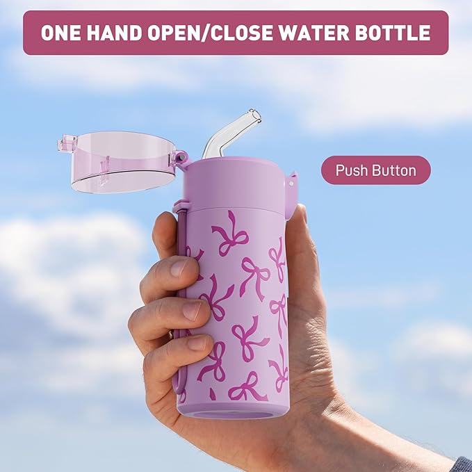 5oz Small Water Bottles with Straw, Mini Water Bottle with One-Hand Open Design, Leak-Proof Locking Lid for Hot&Cold Drinks, Small Travel Water Bottle - 100% Leakproof for School, Travel...(Bow)