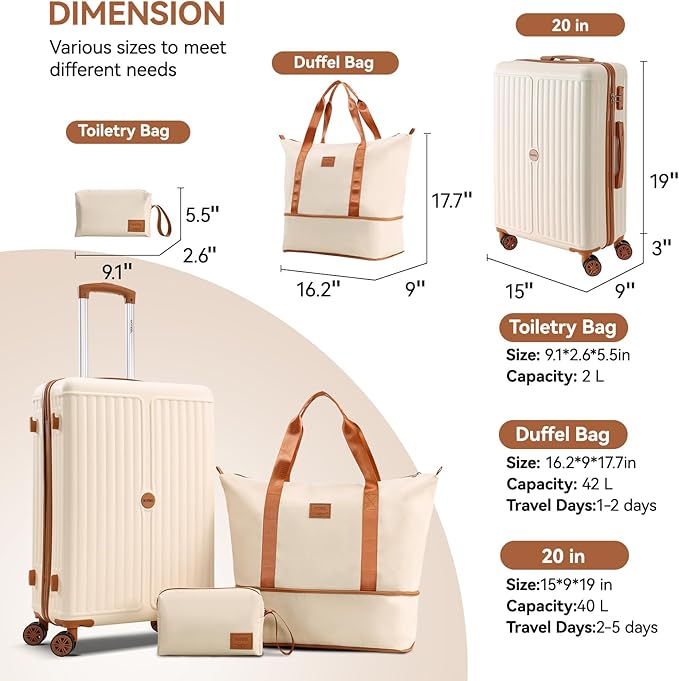 Hoteel Luggage Sets 3 Piece ABS+PC Hardside, 4-Year Warranty, Luggage Set with Spinner Wheels, TSA Lock, Lightweight Carry on Luggage, 20" Suitcase with Duffel & Organizer, Beige