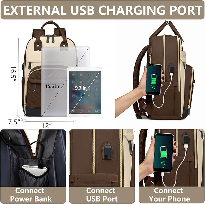 Laptop Backpack for Women Work Bag - 15.6 inch Travel Backpack Purse with USB Charger College Bookbag Waterproof Cute Casual Daypack Fashion Business Computer Backpacks for Teacher Nurse Brown Khaki